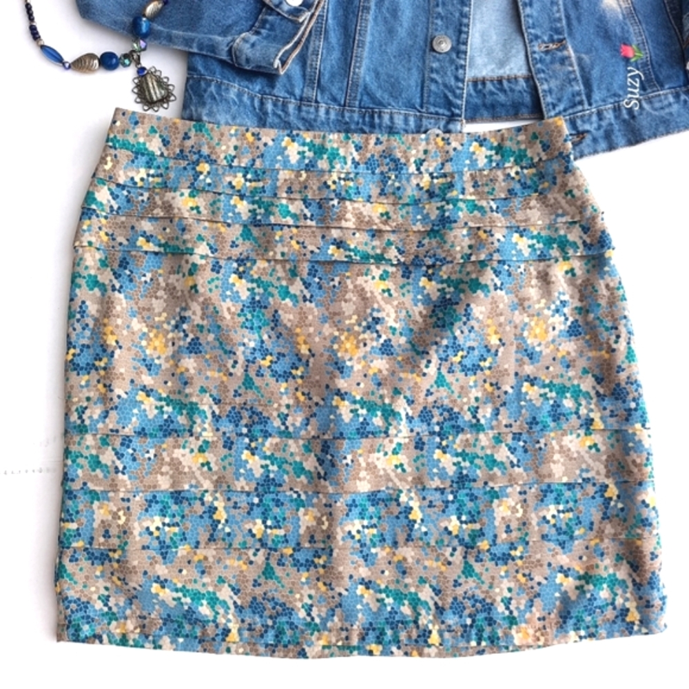 ATTITUDE Above Knee Skirt, Honeycomb Pattern, Teals, Taupes